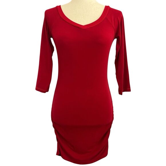 Michael Stars Ruched Bodycon Dress Size S 3/4 Sleeve VNeck Mini Stretch Deep Red - Picture 1 of 12